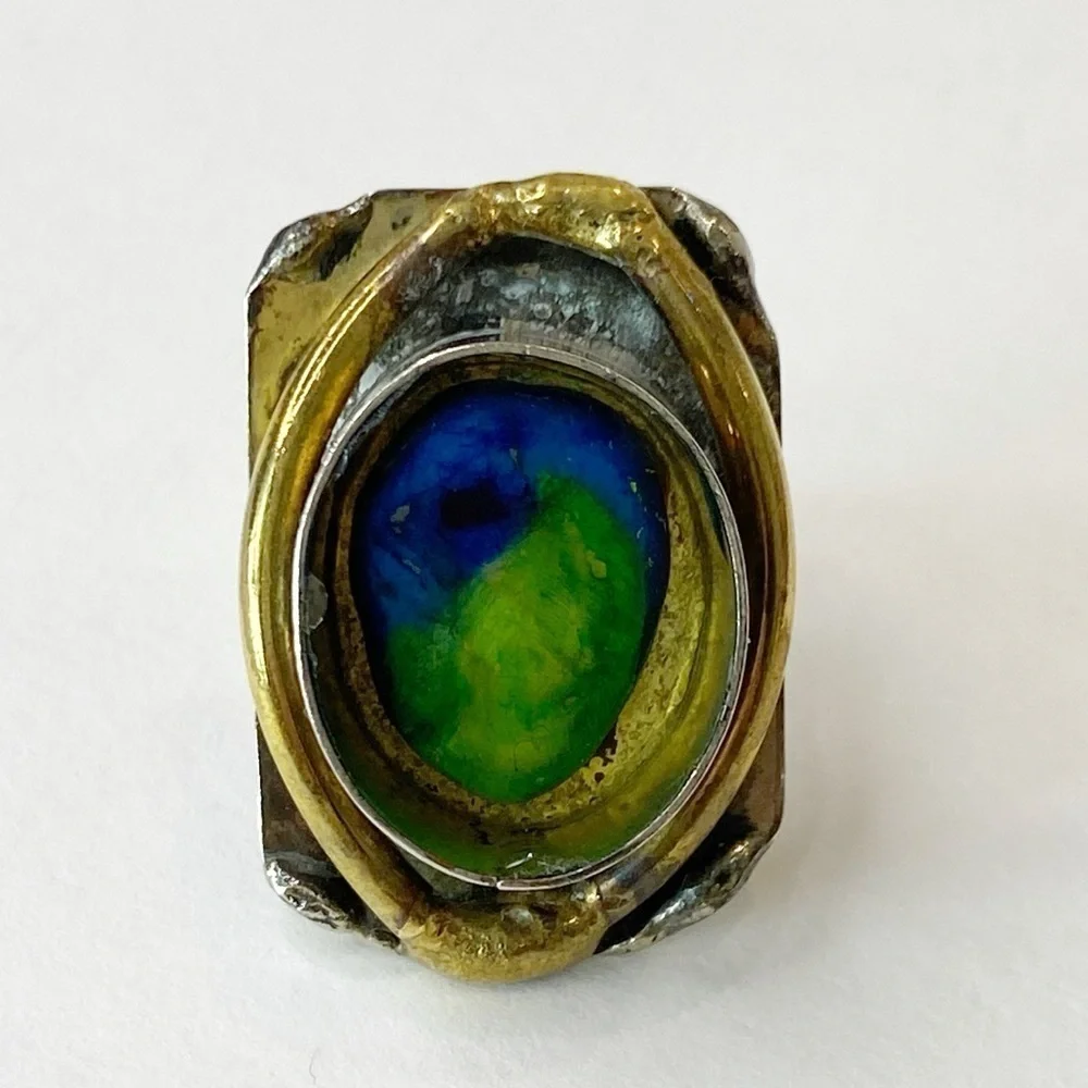 Vintage Latappy French Brutalist Mixed Metal Resin Statement Ring Adjustable HTF